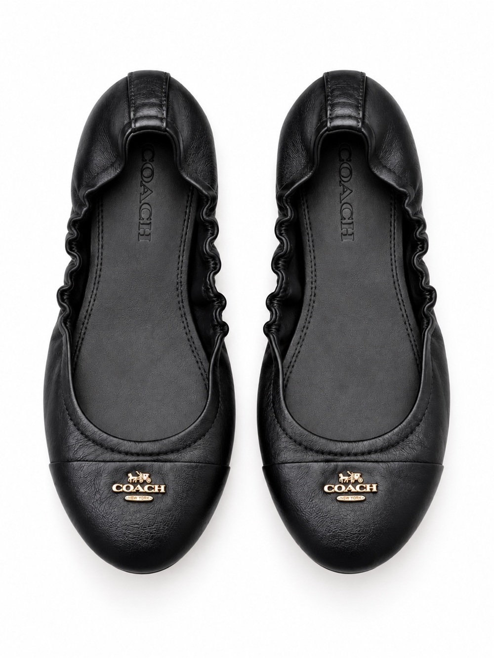 Coach Black Leather Foldable Ballet Flats Travel Shoes + Pouch NWOT